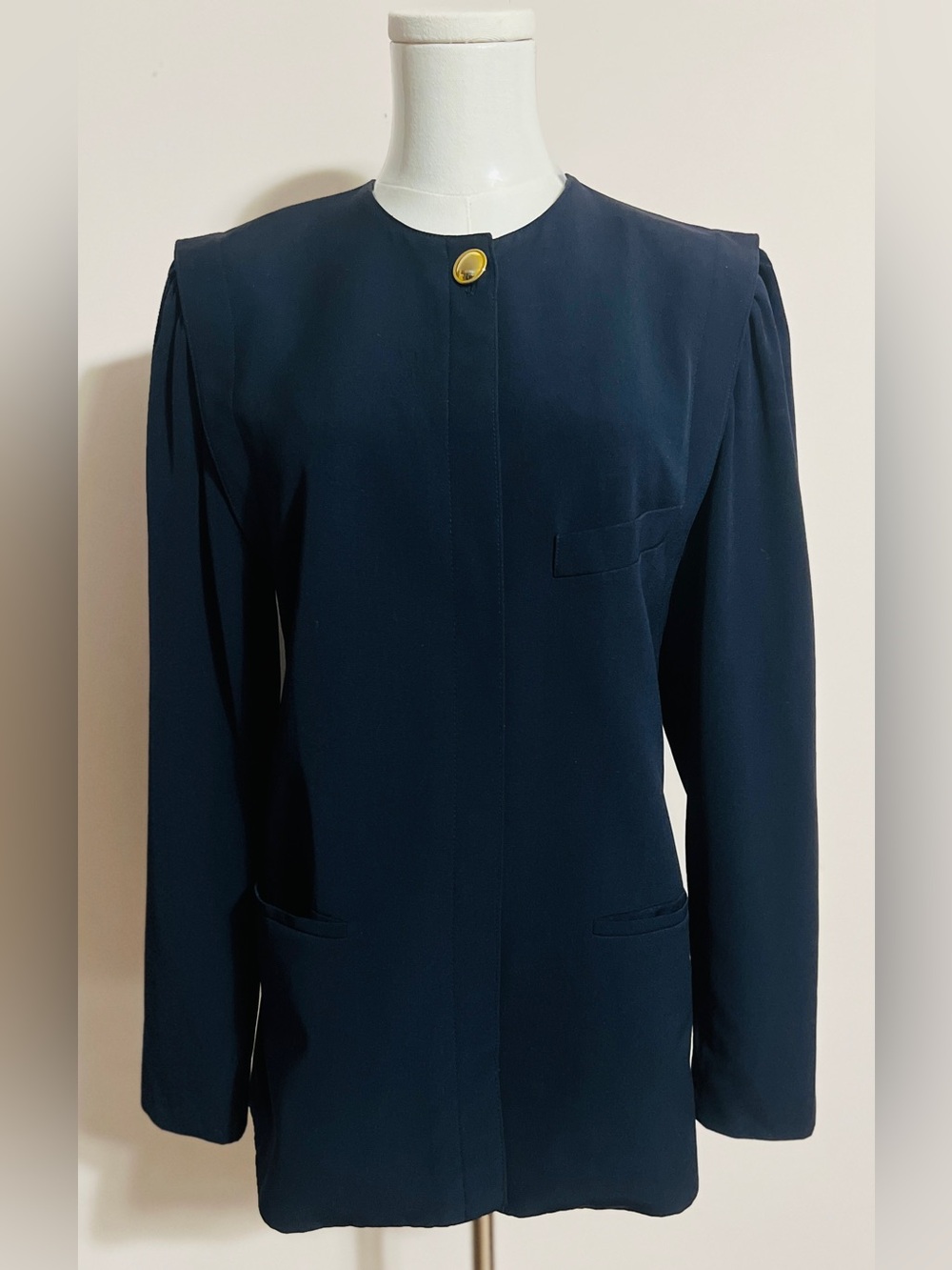 Escada Navy Collarless Blazer with Gold Accent